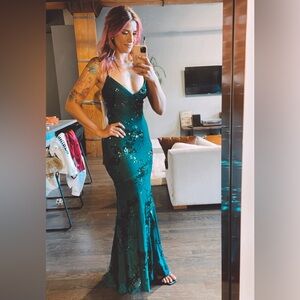 Forest Green Sequin Lace-Up Maxi Dress